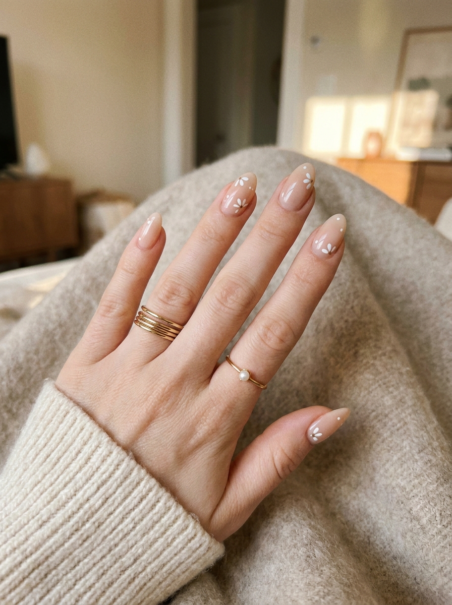 Nude Almond Nails with Tiny White Florals als Almond Fall Nails Inspiration 2026